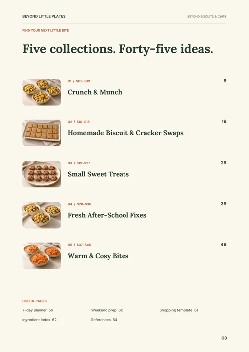 Contents from Beyond Biscuits & Chips: Five collections. Forty-five ideas.