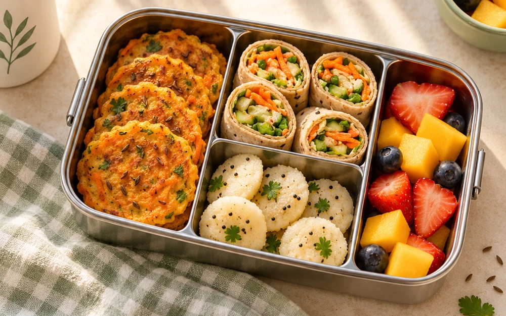 A steel tiffin with roti rolls, vegetable pancakes, idlis and fruit, from the supplied cover